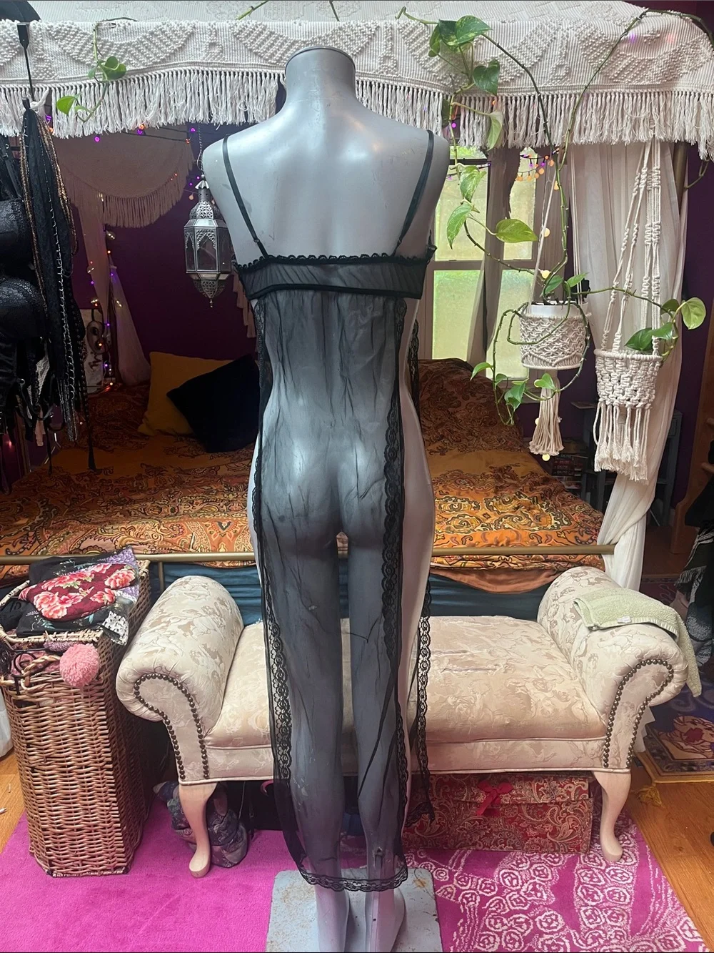 Vintage Goth black sheer mesh lace trim slit sides overlay maxi lingerie dress - Picture 4 of 6